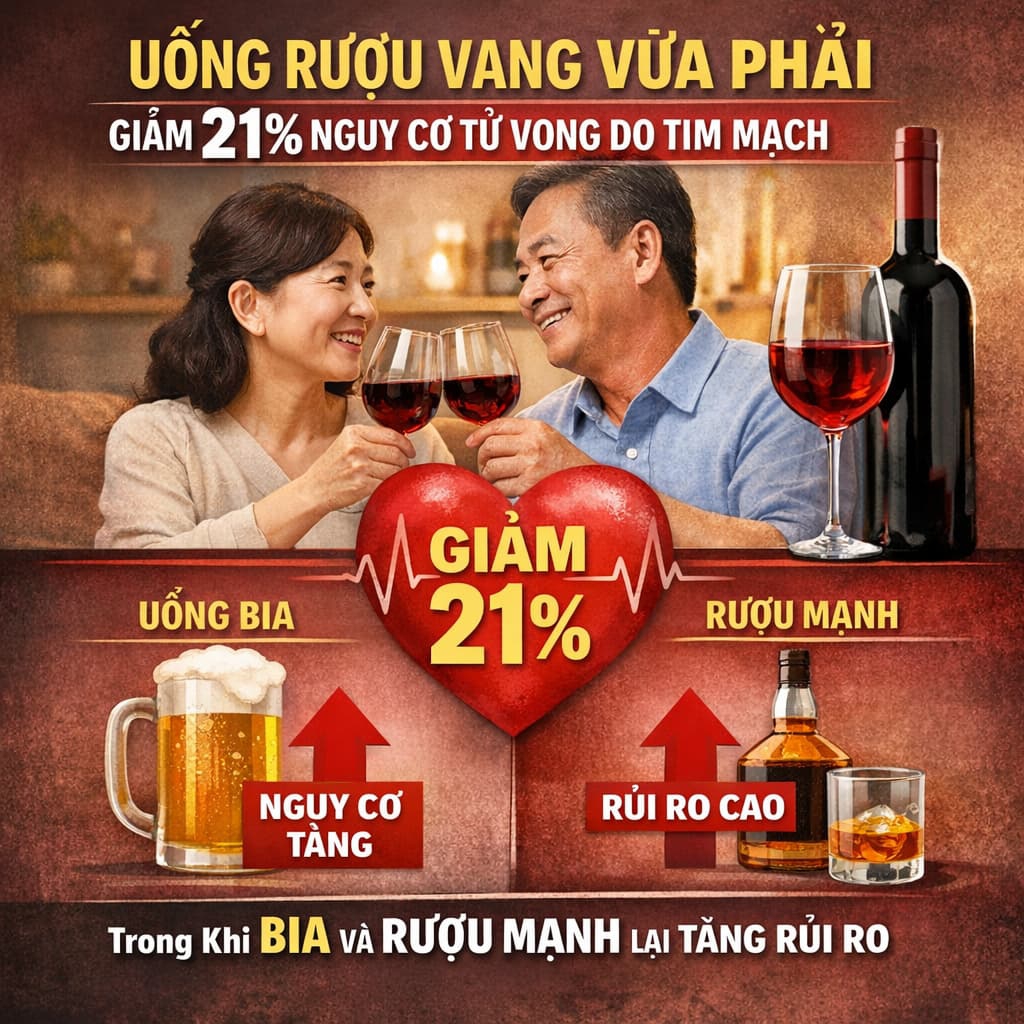 Nghiên Cứu Mới: Uống Rượu Vang Vừa Phải Giảm 21% Nguy Cơ Tử Vong Do Tim Mạch, Trong Khi Bia Và Rượu Mạnh Lại Tăng Rủi Ro